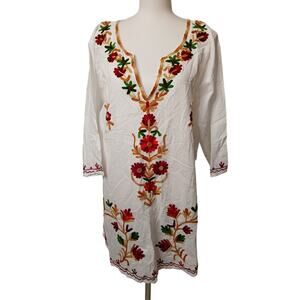 Anjli Floral Embroidered Tunic Blouse White V-neck Half Sleeve Medium EU40
